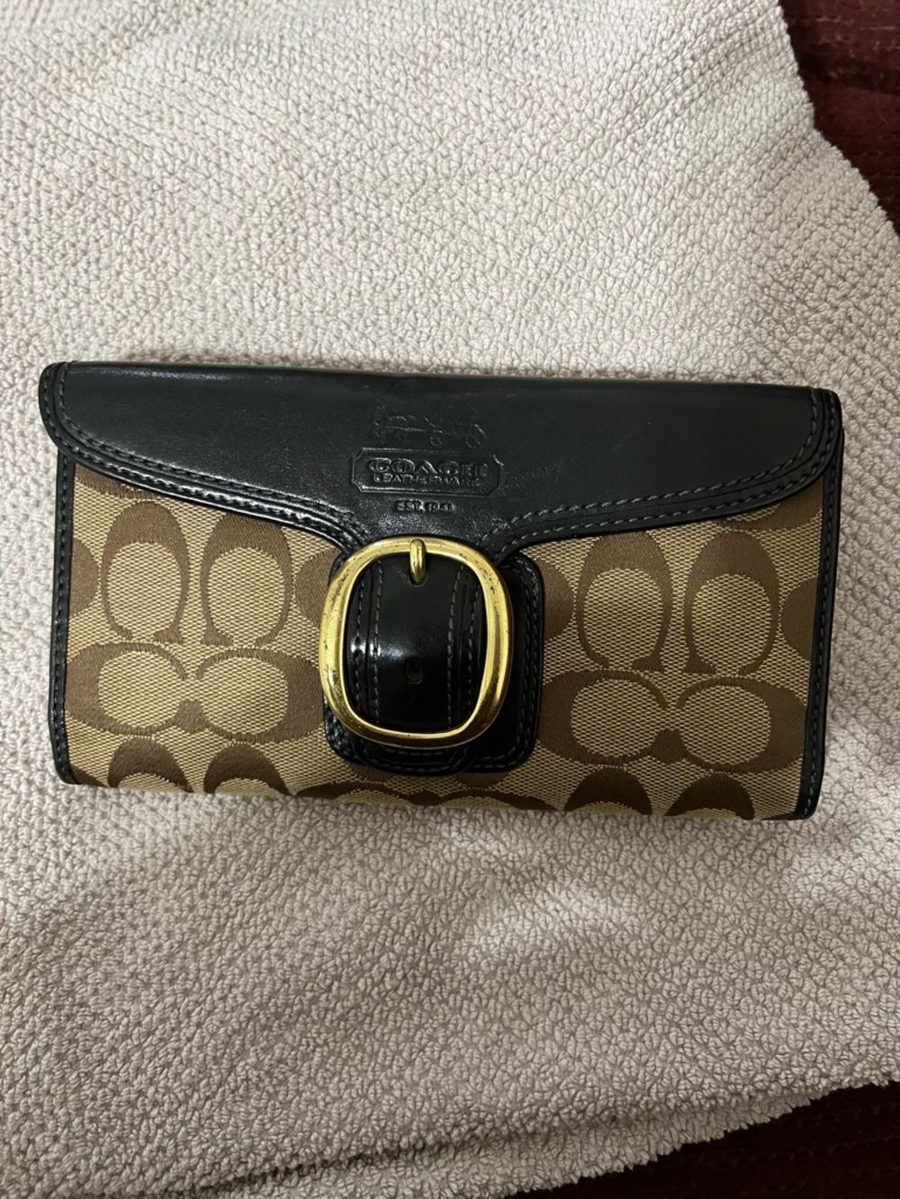 Coach Brown Signature Canvas Wallet with Black Trim and Gold Buckle - Picture 8 of 15